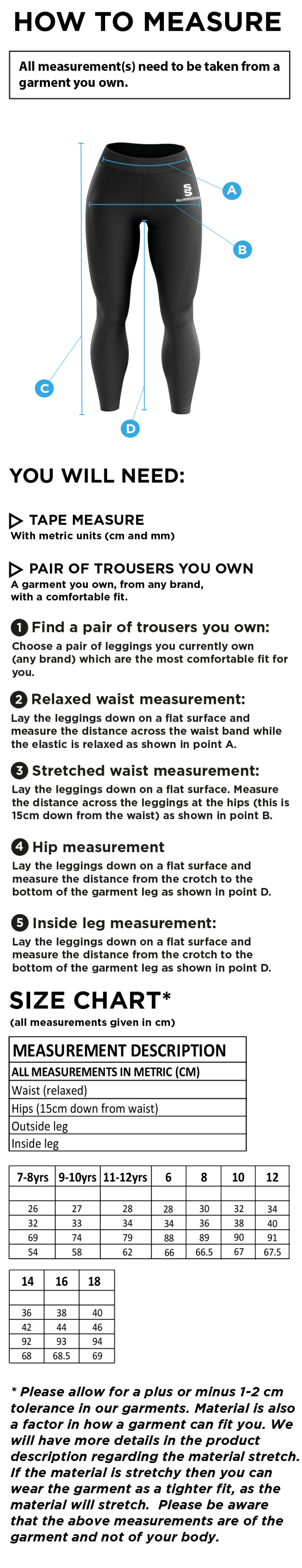 STONE HOCKEY CLUB LEGGINGS - Size Guide