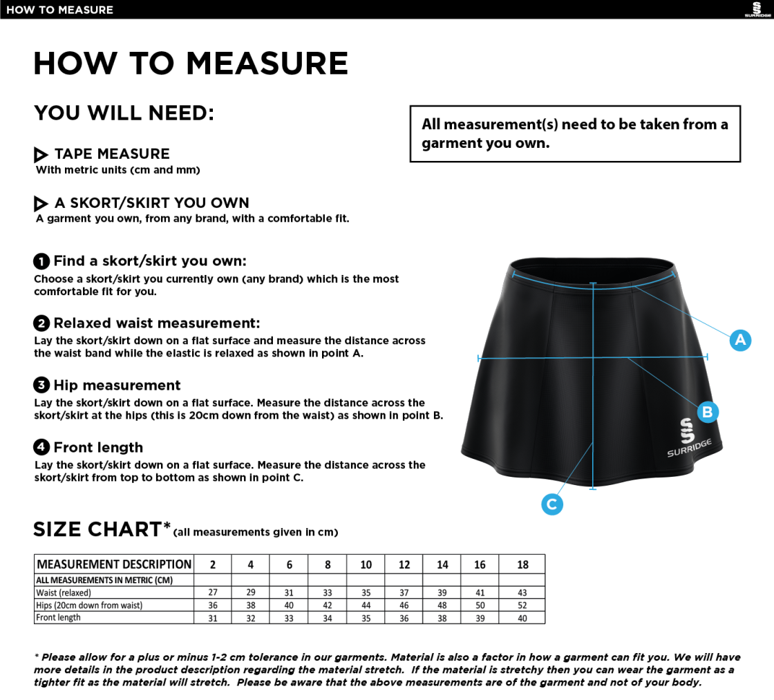 STONE HOCKEY CLUB SKORT - Size Guide