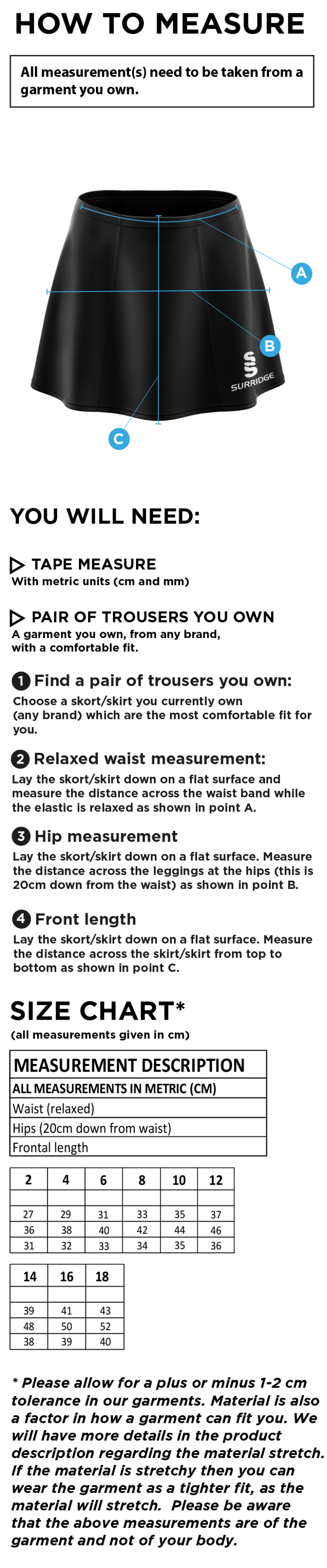 STONE HOCKEY CLUB SKORT - Size Guide